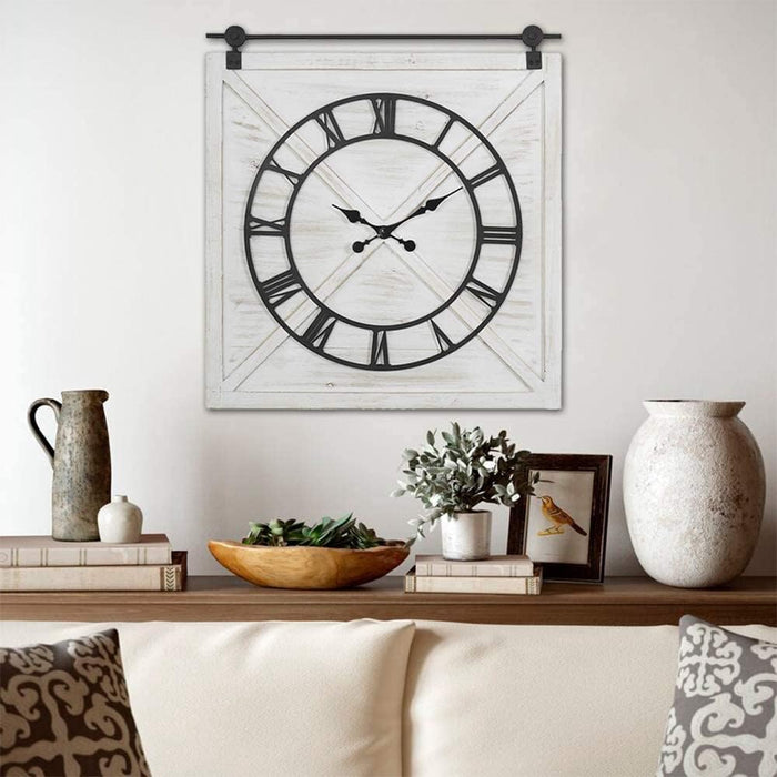 Large Farmhouse Wall Clock,Rustic Barn Door Wall Clocks for Living Room Decor, Battery Operated 29.5" H x 27" W, Whitewash