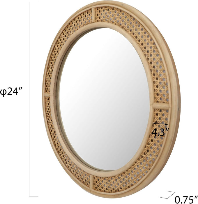 24" Round Rattan Wall Mirror with Wooden Framed, Modern Boho Decorative Mirror
