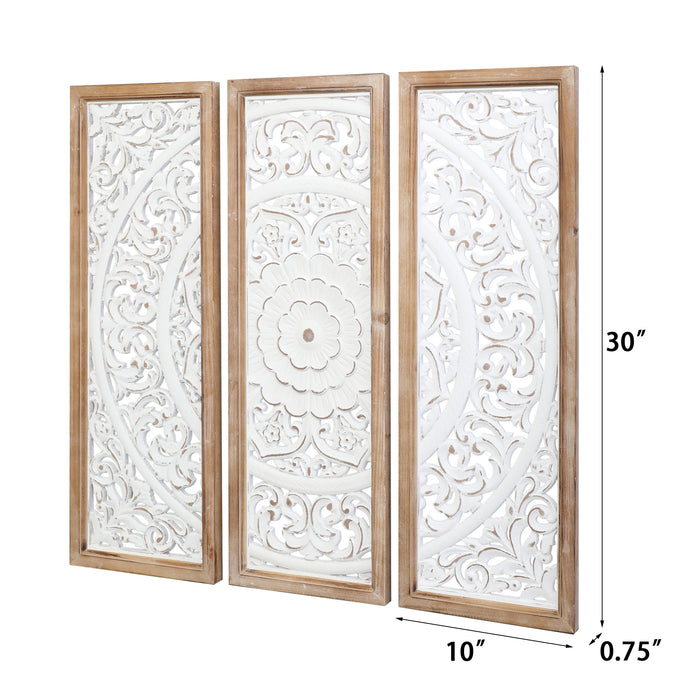 RiteSune Farmhouse Wall Sculpture Carved Wood Wall Art Decor, 3 Panel Floral Rustic Wooden Frame Hanging Wall Décor for Living Room Bedroom Entryway Hallway, 30" x 30"