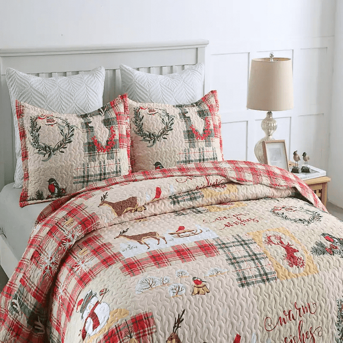 Marcielo Christmas Quilt Set - Snowflakes, Deer, Snowman Pattern Holiday Bedding Bed Set (1 Quilt 2 Pillow Shams) - B021