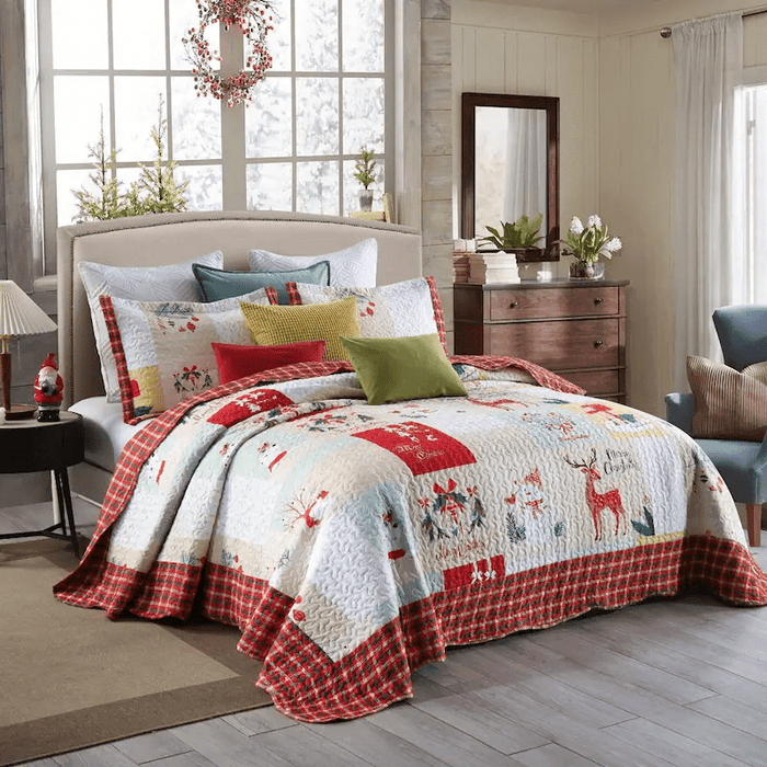 Marcielo Christmas Quilt Set - Mailbox, Deer, Snowman Pattern Holiday Bedding Bed Set (1 Quilt 2 Pillow Shams) - B023