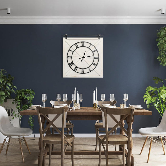 Large Farmhouse Wall Clock,Rustic Barn Door Wall Clocks for Living Room Decor, Battery Operated 29.5" H x 27" W, Whitewash