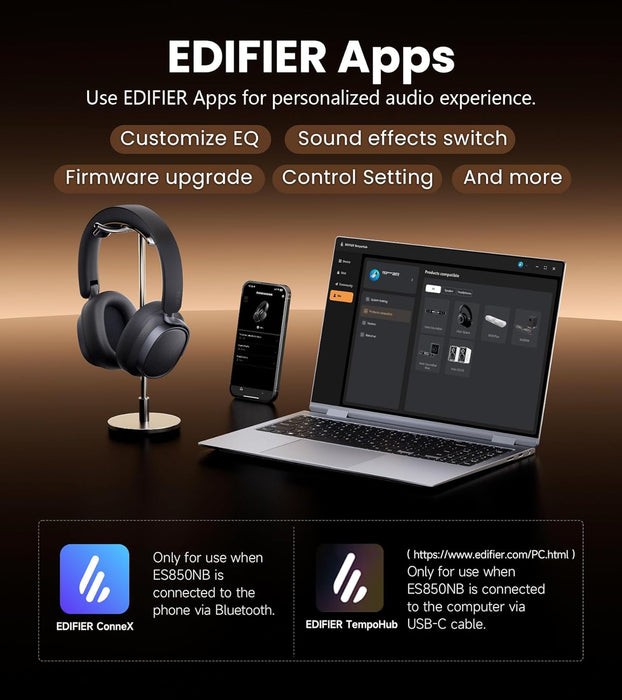 Edifier ES850NB Active Noise Cancelling Headphones, Over Ear Bluetooth Headset, 92H Playtime Wired & Wireless Hi-Res Audio Certified, Fast Charging Clear Calls for Home Office Travel