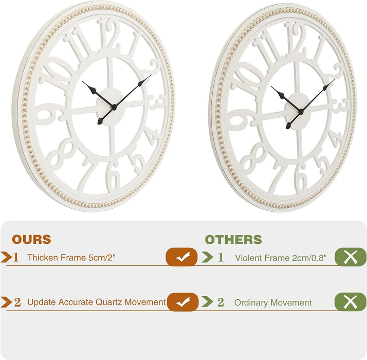 30" Farmhouse Wall, Large Wall Clock with Boho Beads, Wooden Silent Wall Clocks Battery Operated