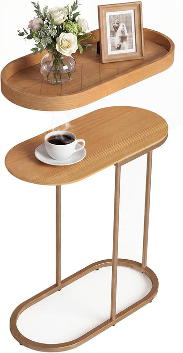 Small End Table with Removable Tray, C Shaped Narrow Side Table for Living Room, Modern TV Tray Wood Top Metal Stand, 11 inch W, Set of 2