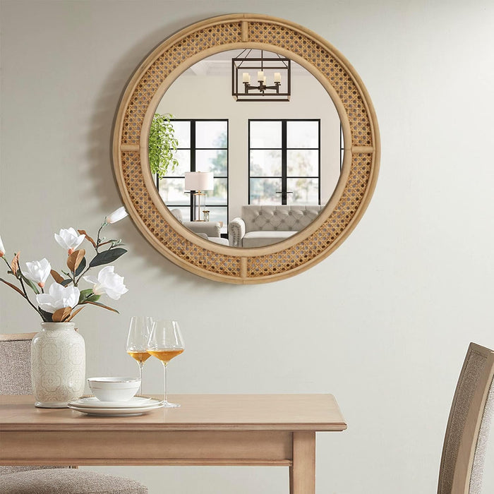 24" Round Rattan Wall Mirror with Wooden Framed, Modern Boho Decorative Mirror