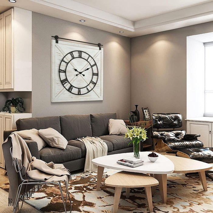 Large Farmhouse Wall Clock,Rustic Barn Door Wall Clocks for Living Room Decor, Battery Operated 29.5" H x 27" W, Whitewash