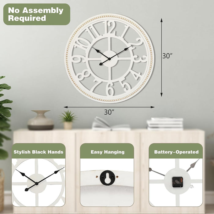 30" Farmhouse Wall, Large Wall Clock with Boho Beads, Wooden Silent Wall Clocks Battery Operated
