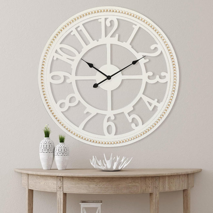 30" Farmhouse Wall, Large Wall Clock with Boho Beads, Wooden Silent Wall Clocks Battery Operated