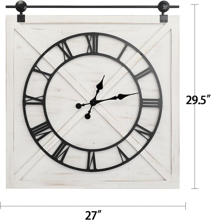 Large Farmhouse Wall Clock,Rustic Barn Door Wall Clocks for Living Room Decor, Battery Operated 29.5" H x 27" W, Whitewash