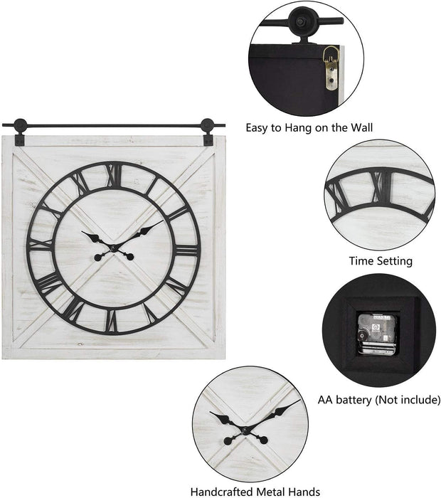 Large Farmhouse Wall Clock,Rustic Barn Door Wall Clocks for Living Room Decor, Battery Operated 29.5" H x 27" W, Whitewash