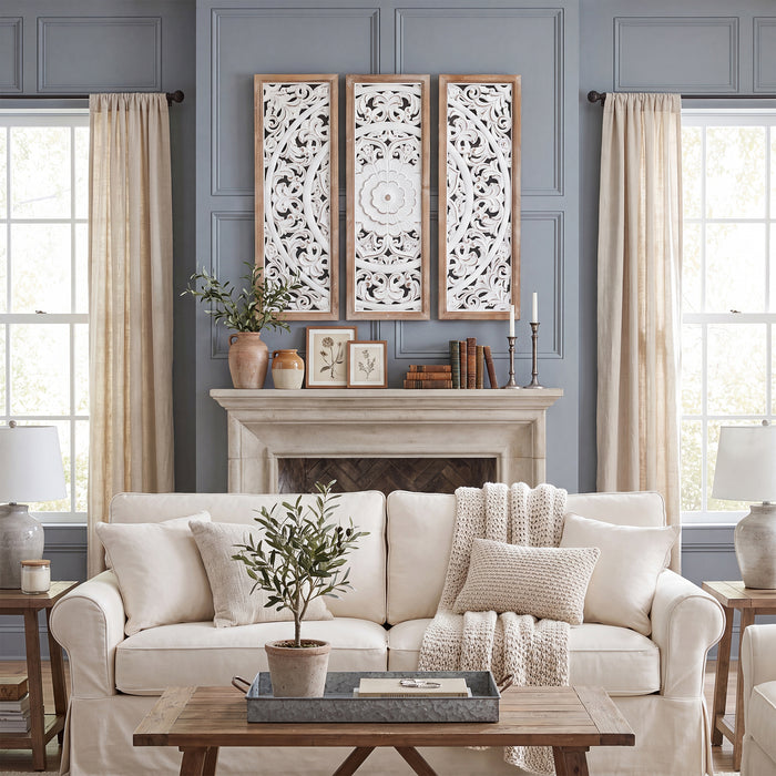 RiteSune Farmhouse Wall Sculpture Carved Wood Wall Art Decor, 3 Panel Floral Rustic Wooden Frame Hanging Wall Décor for Living Room Bedroom Entryway Hallway, 30" x 30"