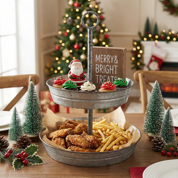 FLORA Farmhouse 2 Tiered Galvanized Serving Tray Stand with Carry Handle, Rustic Metal Display Tray for Cupcake Dessert Fruit, Silver