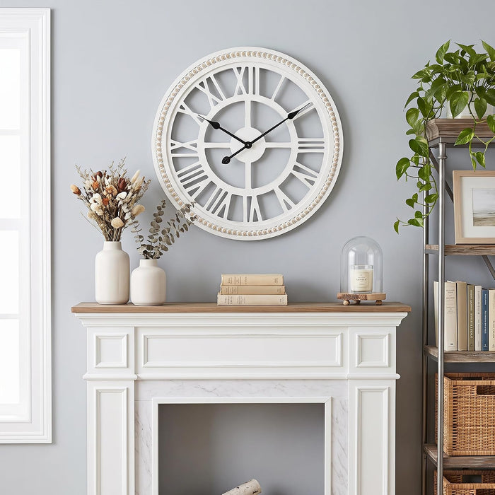 RiteSune Farmhouse Wall Clock 30 Inch, Large Wall Clock with Boho Beads, Wooden Silent Wall Clocks Battery Operated Easy Read, Clocks for Wall Decor