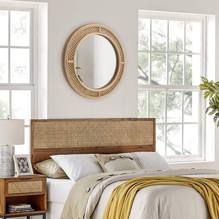 24" Round Rattan Wall Mirror with Wooden Framed, Modern Boho Decorative Mirror