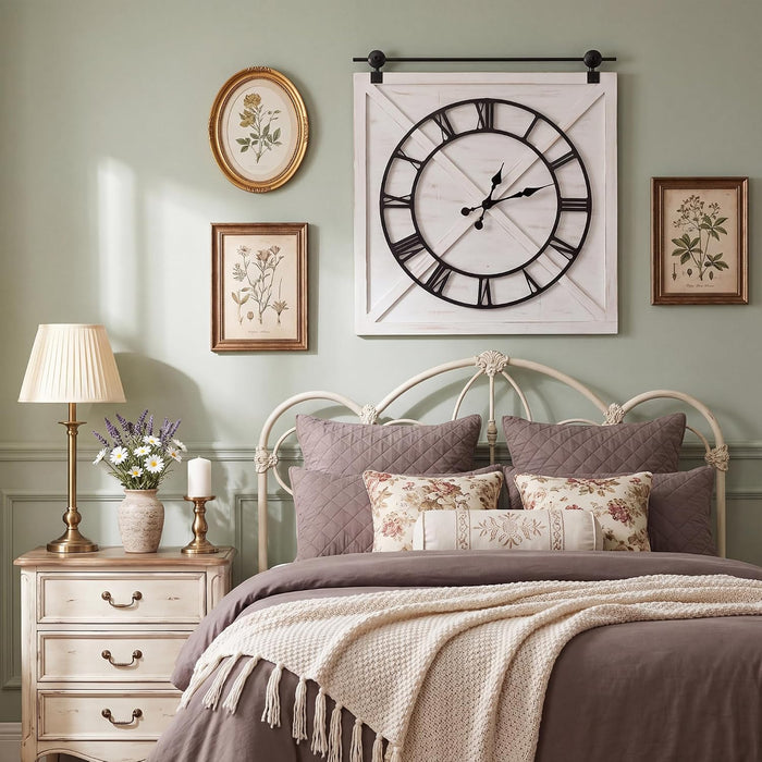 Large Farmhouse Wall Clock,Rustic Barn Door Wall Clocks for Living Room Decor, Battery Operated 29.5" H x 27" W, Whitewash
