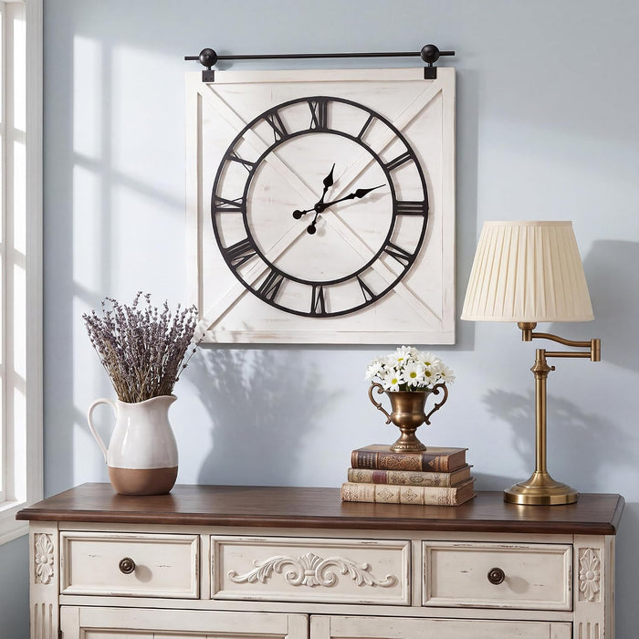 Large Farmhouse Wall Clock,Rustic Barn Door Wall Clocks for Living Room Decor, Battery Operated 29.5" H x 27" W, Whitewash
