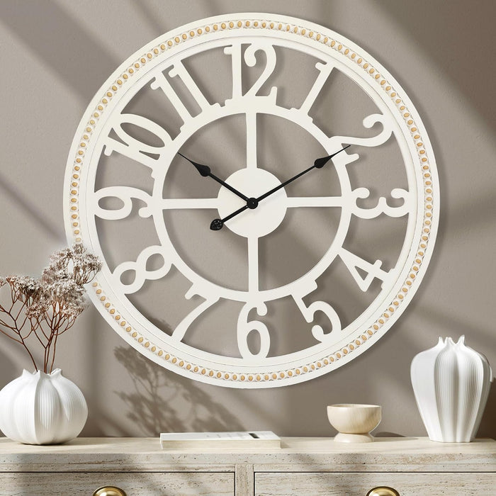 30" Farmhouse Wall, Large Wall Clock with Boho Beads, Wooden Silent Wall Clocks Battery Operated