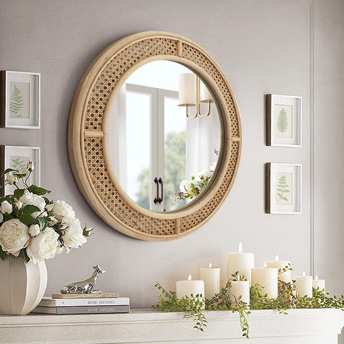 24" Round Rattan Wall Mirror with Wooden Framed, Modern Boho Decorative Mirror