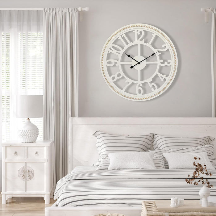 30" Farmhouse Wall, Large Wall Clock with Boho Beads, Wooden Silent Wall Clocks Battery Operated