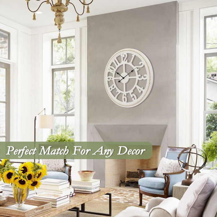 30" Farmhouse Wall, Large Wall Clock with Boho Beads, Wooden Silent Wall Clocks Battery Operated