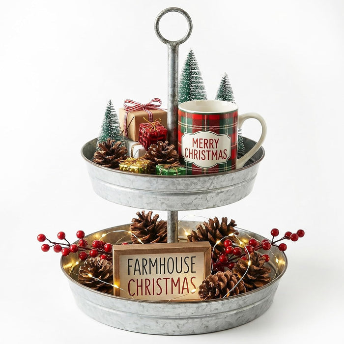 FLORA Farmhouse 2 Tiered Galvanized Serving Tray Stand with Carry Handle, Rustic Metal Display Tray for Cupcake Dessert Fruit, Silver