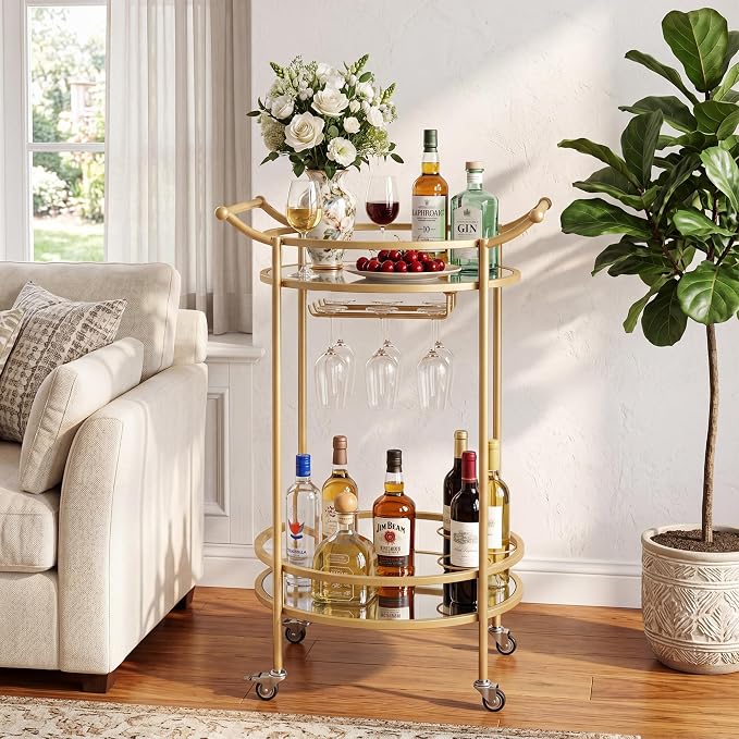 RiteSune Gold Bar Cart with Wheels, Round Bar Serving Cart for The Home, Rolling Liquo Cart with 2 Mirror Shelves, Drink Wine Cart for Kitchen, 22 inch x 18 inch x 33 inch