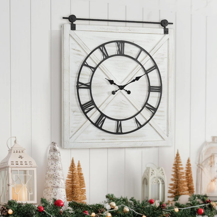 Large Farmhouse Wall Clock,Rustic Barn Door Wall Clocks for Living Room Decor, Battery Operated 29.5" H x 27" W, Whitewash