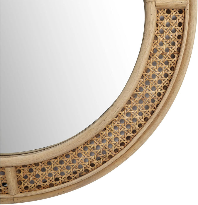 24" Round Rattan Wall Mirror with Wooden Framed, Modern Boho Decorative Mirror