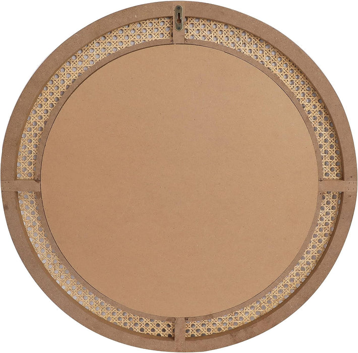24" Round Rattan Wall Mirror with Wooden Framed, Modern Boho Decorative Mirror