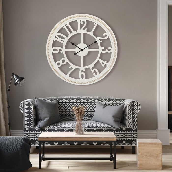 30" Farmhouse Wall, Large Wall Clock with Boho Beads, Wooden Silent Wall Clocks Battery Operated