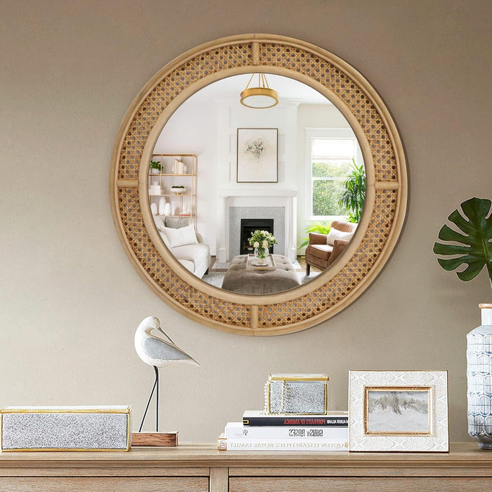 24" Round Rattan Wall Mirror with Wooden Framed, Modern Boho Decorative Mirror