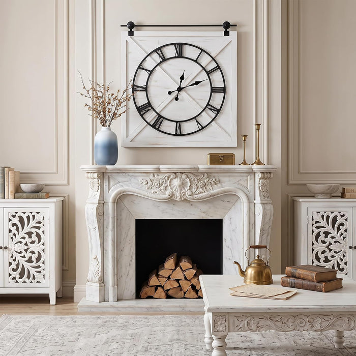 Large Farmhouse Wall Clock,Rustic Barn Door Wall Clocks for Living Room Decor, Battery Operated 29.5" H x 27" W, Whitewash