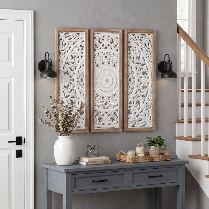 RiteSune Farmhouse Wall Sculpture Carved Wood Wall Art Decor, 3 Panel Floral Rustic Wooden Frame Hanging Wall Décor for Living Room Bedroom Entryway Hallway, 30" x 30"