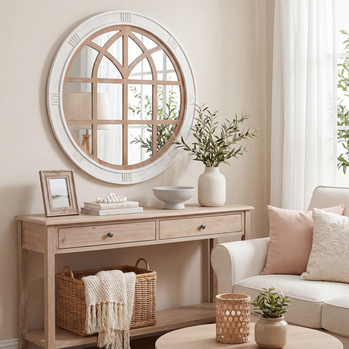 28" Farmhouse Round Window Mirror, Rustic White Wall Decor Mirror