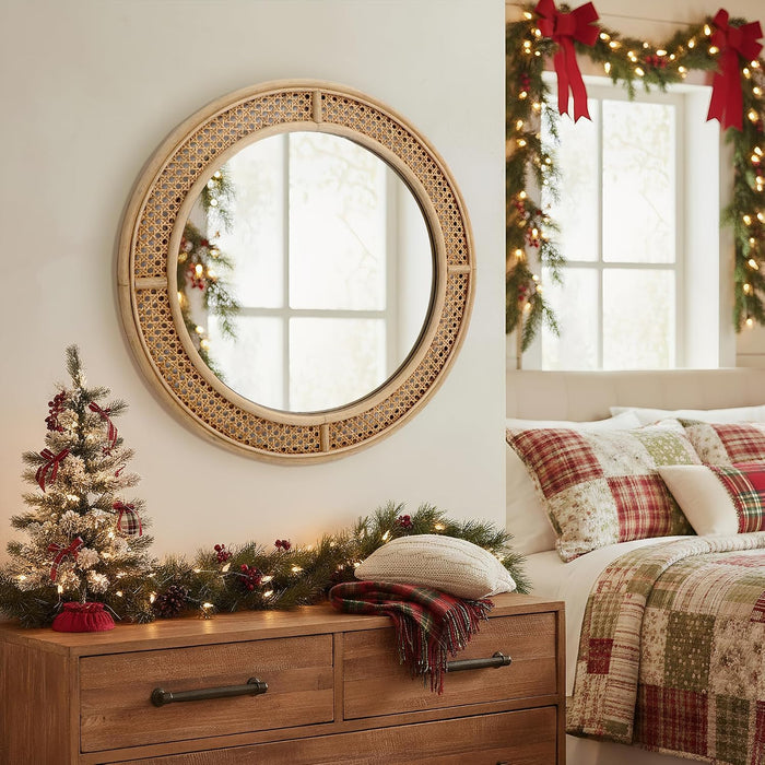 FLORA Round Rattan Wall Mirror with Wooden Framed, Modern Boho Decorative Mirror for Bathroom, Entry, Living Room, Bedroom, 24 Inch
