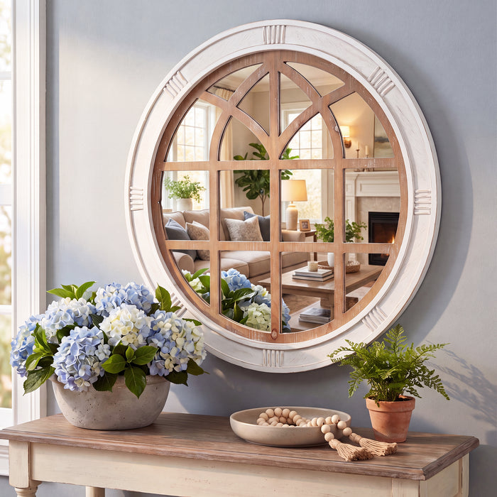 28" Farmhouse Round Window Mirror, Rustic White Wall Decor Mirror