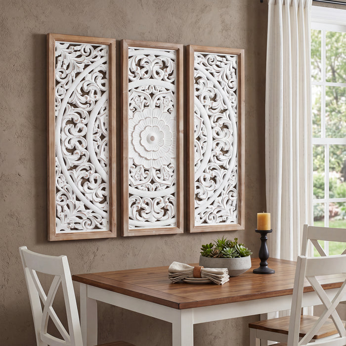 RiteSune Farmhouse Wall Sculpture Carved Wood Wall Art Decor, 3 Panel Floral Rustic Wooden Frame Hanging Wall Décor for Living Room Bedroom Entryway Hallway, 30" x 30"