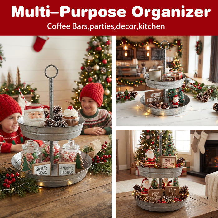 FLORA Farmhouse 2 Tiered Galvanized Serving Tray Stand with Carry Handle, Rustic Metal Display Tray for Cupcake Dessert Fruit, Silver