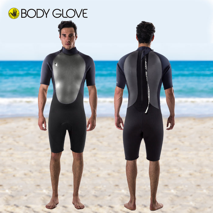 Body Glove Pro3 Men Shorty Wetsuit 2/1mm Back Zip Short Sleeve Spring Wet Suit, Quadra Flex 4 Way Stretch, for Boogie Boarding Surfing Swimming Snorkeling Scuba Diving - Black
