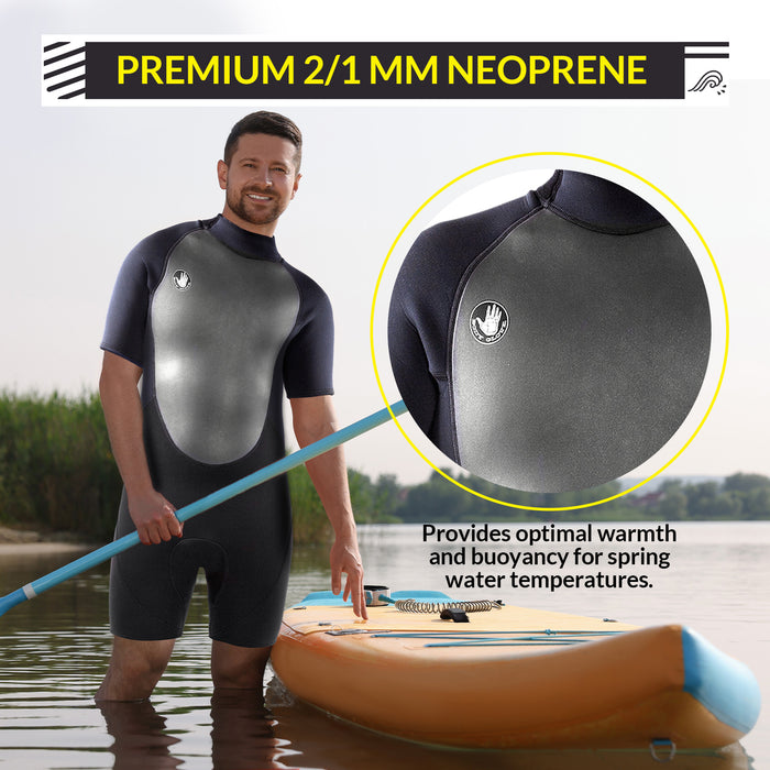 Body Glove Pro3 Men Shorty Wetsuit 2/1mm Back Zip Short Sleeve Spring Wet Suit, Quadra Flex 4 Way Stretch, for Boogie Boarding Surfing Swimming Snorkeling Scuba Diving - Black