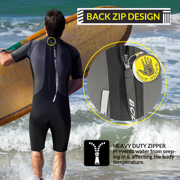 Body Glove Pro3 Men Shorty Wetsuit 2/1mm Back Zip Short Sleeve Spring Wet Suit, Quadra Flex 4 Way Stretch, for Boogie Boarding Surfing Swimming Snorkeling Scuba Diving - Black