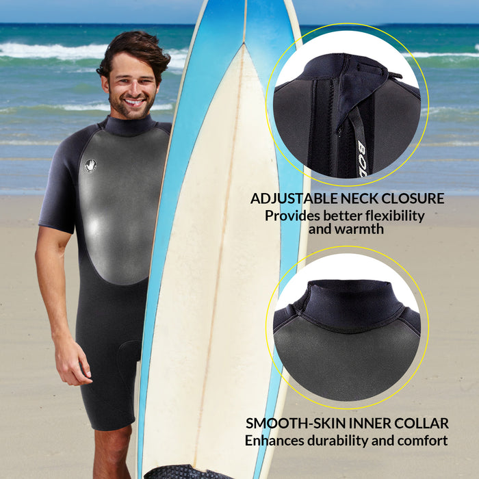 Body Glove Pro3 Men Shorty Wetsuit 2/1mm Back Zip Short Sleeve Spring Wet Suit, Quadra Flex 4 Way Stretch, for Boogie Boarding Surfing Swimming Snorkeling Scuba Diving - Black