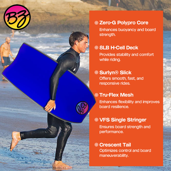BZ Pro 40" Bodyboard, Crescent Tail Body Board with Zero-G Polypro Core 8LB H-Cell Deck Surlyn Slick Tru-Flex Mesh for Beach Surfing