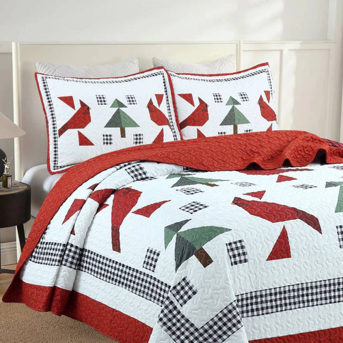 Marcielo Christmas Quilt Set - Winter Red Cardinals Mailbox Pattern Holiday Bedding Bed Set (1 Quilt 2 Pillow Shams) - ME509