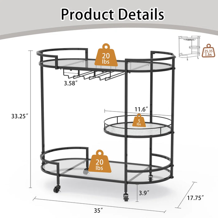 Mirror Shelf Metal Bar Cart, Black