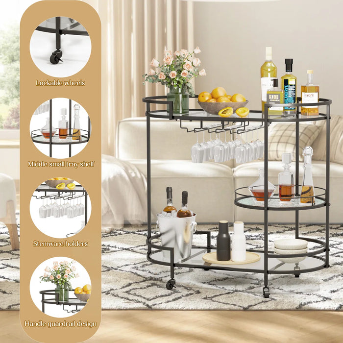 Mirror Shelf Metal Bar Cart, Black