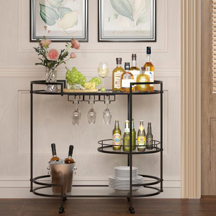 Mirror Shelf Metal Bar Cart, Black
