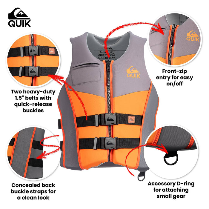 QUIKSILVER Men's Life Vest, USCG and Transport Canada Approved Life Jacket, Evoprene PFD, Personal Flotation Device Level 70 Buoyancy Aid for Boating Fishing Kayaking Water Sports
