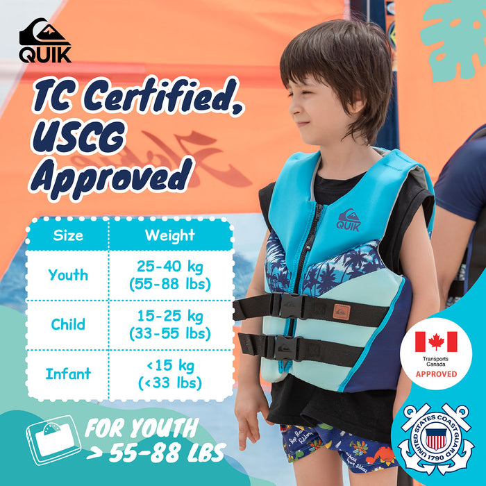 QUIKSILVER Youth Life Vest, USCG and Transport Canada Approved Life Jacket, Evoprene PFD, Personal Flotation Device Level 70 Buoyancy Aid for Teen Boys, Boating Fishing Kayaking Water Sports